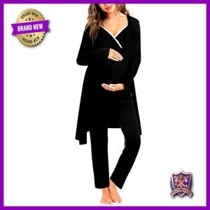 Maternity Nursing Pajama Set 3-Piece Modal Breastfeeding Robe Labor Delivery